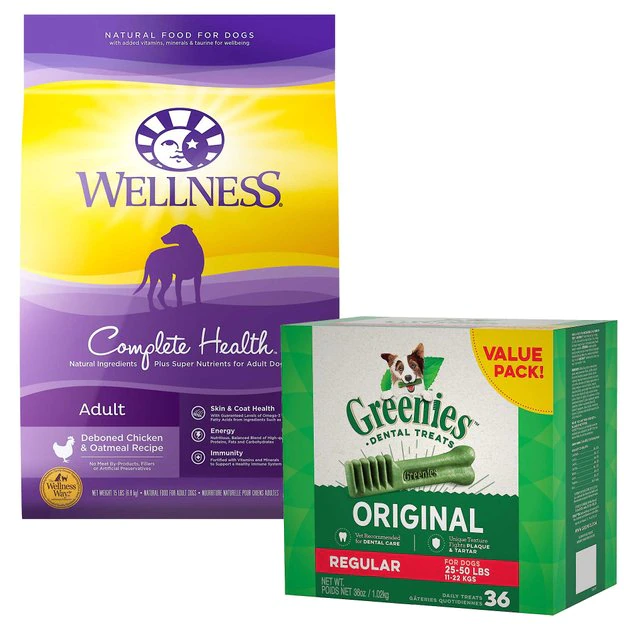 Wellness||Greenies Wellness Complete Health Adult Deboned Chicken & Oatmeal Recipe Dry Food + Greenies Regular Dental Dog Treats 3 Wellness||Greenies Wellness Complete Health Adult Deboned Chicken & Oatmeal Recipe Dry Food + Greenies Regular Dental Dog Treats