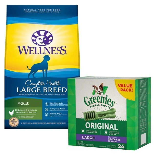Wellness Large Breed Complete Health Adult Deboned Chicken & Brown Rice Recipe Dry Food + Greenies Large Dental Dog Treats Wellness||Greenies Wellness Large Breed Complete Health Adult Deboned Chicken & Brown Rice Recipe Dry Food + Greenies Large Dental Dog Treats -Pet Toy Elegant Shop 294018 MAIN. SY630 V1620244632