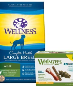Wellness||WHIMZEES Wellness Large Breed Complete Health Adult Deboned Chicken & Brown Rice Recipe Dry Food + WHIMZEES Natural Dental Chews Medium Breed Value Box Dog Treats