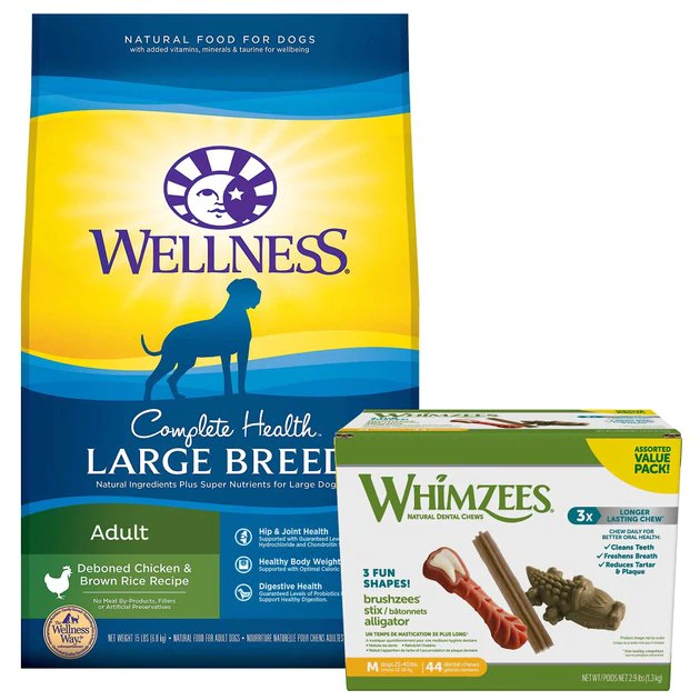 Wellness||WHIMZEES Wellness Large Breed Complete Health Adult Deboned Chicken & Brown Rice Recipe Dry Food + WHIMZEES Natural Dental Chews Medium Breed Value Box Dog Treats 3 Wellness||WHIMZEES Wellness Large Breed Complete Health Adult Deboned Chicken & Brown Rice Recipe Dry Food + WHIMZEES Natural Dental Chews Medium Breed Value Box Dog Treats