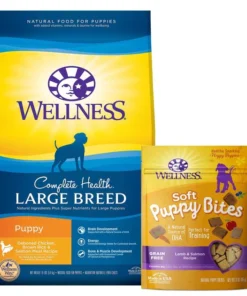 Wellness Large Breed Complete Health Puppy Deboned Chicken, Brown Rice & Salmon Meal Recipe Dry Food + Soft Puppy Bites Lamb & Salmon Recipe Grain-Free Dog Treats