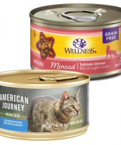 American Journey||Wellness American Journey Minced Salmon & Tuna Recipe in Gravy Grain-Free Canned Cat Food, 3-oz, case of 24 + Wellness Complete Health Natural Minced Salmon Dinner Grain-Free Canned Cat Food, 3-oz, case of 24