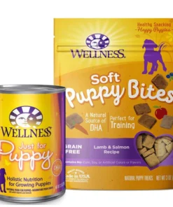 Wellness Complete Health Just for Puppy Canned Dog Food, 12.5-oz, case of 12 + Wellness Soft Puppy Bites Lamb & Salmon Recipe Grain-Free Dog Treats, 3-oz pouch