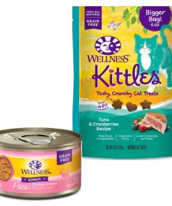 Wellness Complete Health Kitten Formula Grain-Free Canned Cat Food, 3-oz, case of 24 + Wellness Kittles Grain-Free Tuna & Cranberries Recipe Crunchy Cat Treats, 6-oz bag