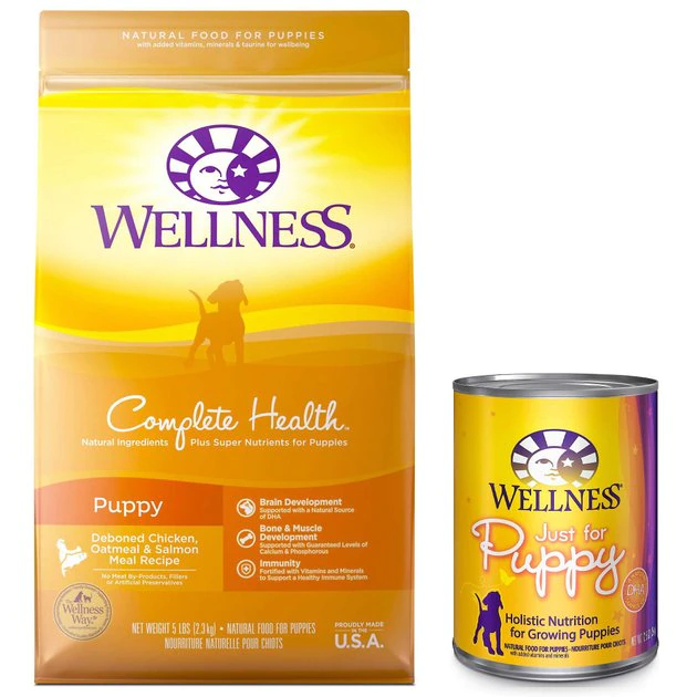 Wellness Complete Health Puppy Deboned Chicken, Oatmeal & Salmon Meal Recipe Dry Dog Food, 30-lb bag + Wellness Complete Health Just for Puppy Canned Dog Food, 12.5-oz, case of 12 3 Wellness Complete Health Puppy Deboned Chicken, Oatmeal & Salmon Meal Recipe Dry Dog Food, 30-lb bag + Wellness Complete Health Just for Puppy Canned Dog Food, 12.5-oz, case of 12