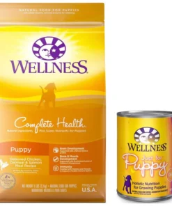 Wellness Complete Health Puppy Deboned Chicken, Oatmeal & Salmon Meal Recipe Dry Dog Food, 15-lb bag + Wellness Complete Health Just for Puppy Canned Dog Food, 12.5-oz, case of 12