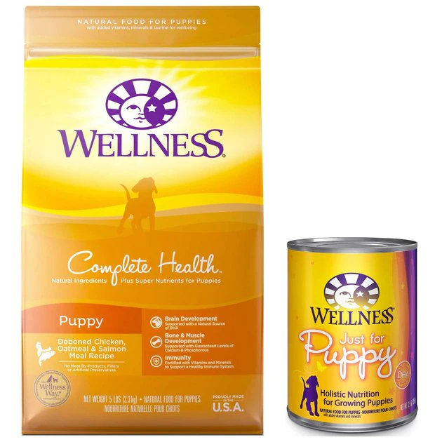 Wellness Complete Health Puppy Deboned Chicken, Oatmeal & Salmon Meal Recipe Dry Dog Food, 15-lb bag + Wellness Complete Health Just for Puppy Canned Dog Food, 12.5-oz, case of 12 Wellness Complete Health Puppy Deboned Chicken, Oatmeal & Salmon Meal Recipe Dry Dog Food, 15-lb bag + Wellness Complete Health Just for Puppy Canned Dog Food, 12.5-oz, case of 12 -Pet Toy Elegant Shop 298682 MAIN. SY630 V1621298544