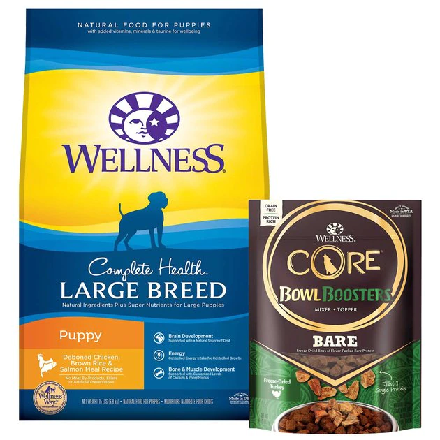 Wellness Large Breed Complete Health Puppy Deboned Chicken, Brown Rice & Salmon Meal Recipe Dry Dog Food, 30-lb bag + Wellness CORE Bowl Boosters Bare Turkey Freeze-Dried Dog Food Mixer or Topper, 4-oz bag 3 Wellness Large Breed Complete Health Puppy Deboned Chicken, Brown Rice & Salmon Meal Recipe Dry Dog Food, 30-lb bag + Wellness CORE Bowl Boosters Bare Turkey Freeze-Dried Dog Food Mixer or Topper, 4-oz bag