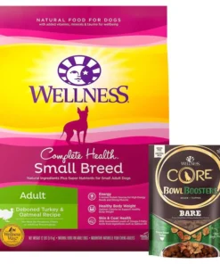 Wellness Small Breed Complete Health Adult Turkey & Oatmeal Recipe Dry Dog Food, 12-lb bag + Wellness CORE Bowl Boosters Bare Turkey Freeze-Dried Dog Food Mixer or Topper, 4-oz bag