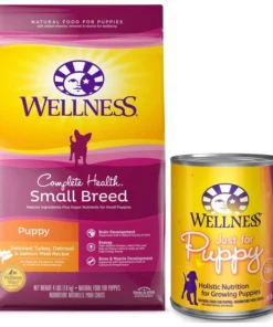 Wellness Small Breed Complete Health Puppy Turkey, Oatmeal & Salmon Meal Recipe Dry Dog Food, 4-lb bag + Wellness Complete Health Just for Puppy Canned Dog Food, 12.5-oz, case of 12