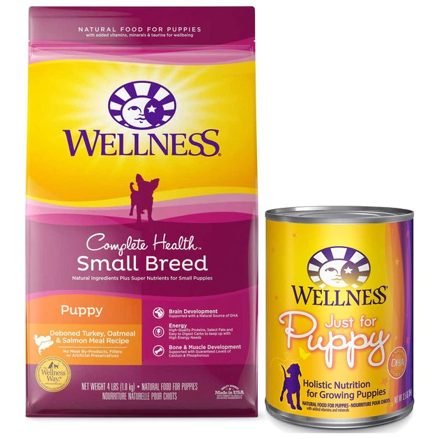 Wellness Small Breed Complete Health Puppy Turkey, Oatmeal & Salmon Meal Recipe Dry Dog Food, 4-lb bag + Wellness Complete Health Just for Puppy Canned Dog Food, 12.5-oz, case of 12 Wellness Small Breed Complete Health Puppy Turkey, Oatmeal & Salmon Meal Recipe Dry Dog Food, 4-lb bag + Wellness Complete Health Just for Puppy Canned Dog Food, 12.5-oz, case of 12 -Pet Toy Elegant Shop 298748 MAIN. SY630 V1621306640