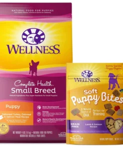 Wellness Small Breed Complete Health Puppy Turkey, Oatmeal & Salmon Meal Recipe Dry Dog Food, 4-lb bag + Wellness Soft Puppy Bites Lamb & Salmon Recipe Grain-Free Dog Treats, 3-oz pouch