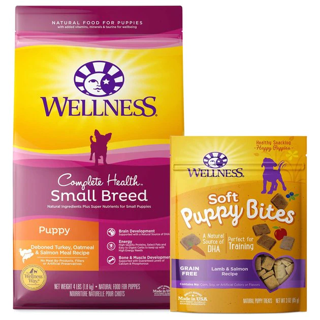 Wellness Small Breed Complete Health Puppy Turkey, Oatmeal & Salmon Meal Recipe Dry Dog Food, 4-lb bag + Wellness Soft Puppy Bites Lamb & Salmon Recipe Grain-Free Dog Treats, 3-oz pouch 3 Wellness Small Breed Complete Health Puppy Turkey, Oatmeal & Salmon Meal Recipe Dry Dog Food, 4-lb bag + Wellness Soft Puppy Bites Lamb & Salmon Recipe Grain-Free Dog Treats, 3-oz pouch