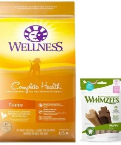 Wellness||WHIMZEES Wellness Complete Health Puppy Deboned Chicken, Oatmeal & Salmon Meal Recipe Dry Food + WHIMZEES Puppy Dental Dog Treats, X-Small/Small